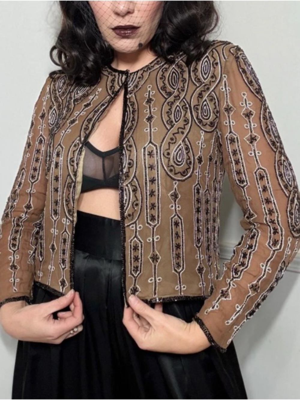 Adrianna Papell Silk Embellished Sheer Brown‎ Beaded Jacket Size 6